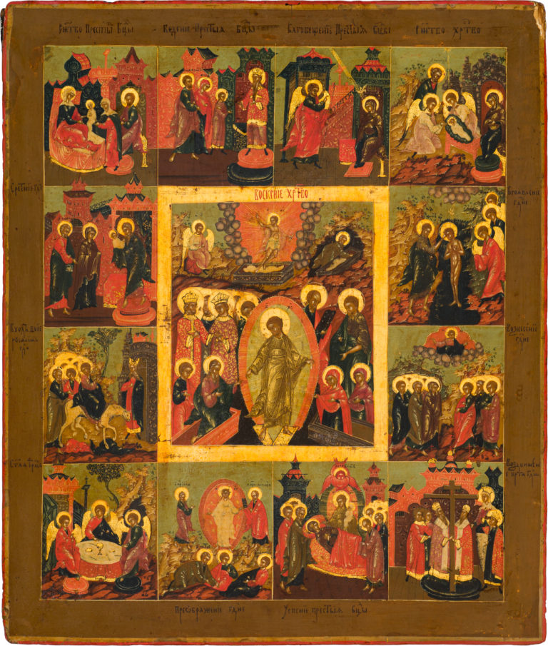 №13 The Resurrection – The Harrowing of Hades with Church Feasts in 12 border scenes
