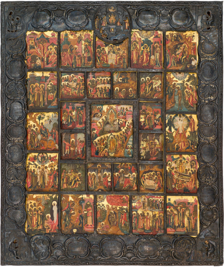 The Resurrection – The Harrowing of Hades, with the images of the Evangelists, the Monogenes, the Passions of Christ, and the Church Feasts in 28 border scenes