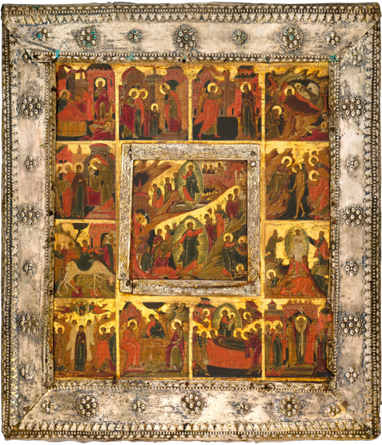 №40 The Resurrection – The Harrowing of Hades, with Church Feasts in 12 border scenes