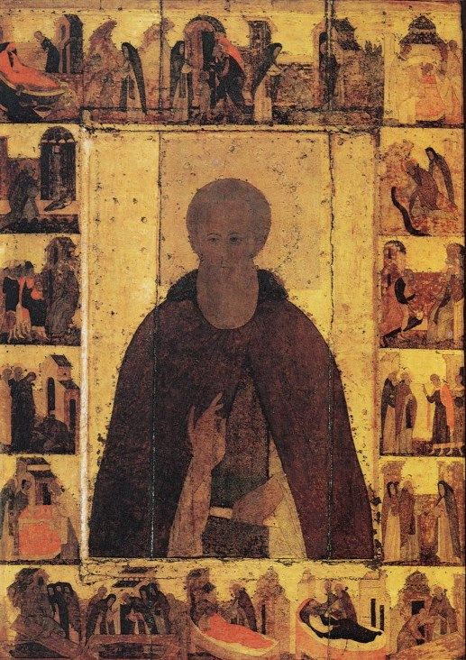 Icon of Saint Sergius of Radonezh with hagiographical scenes (circa 1480)
