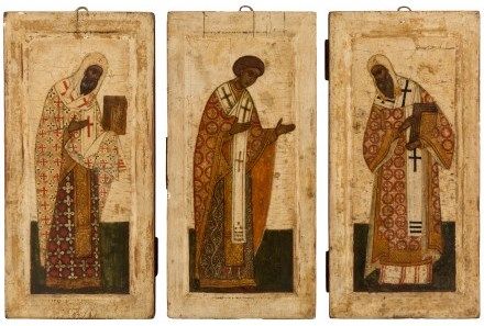 Russian icons of Archbishops (St. Nikita of Novgorod, St. Euthymius of Novgorod, and St. Alexis of Moscow), circa 1700