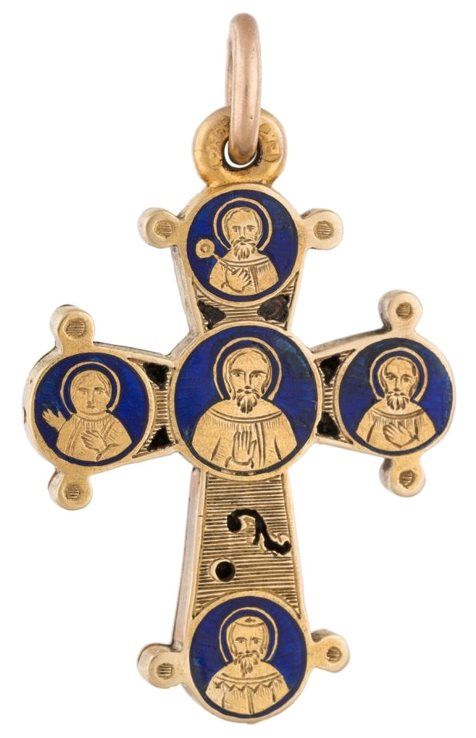 A Russian gold champlevé enameled pectoral cross
