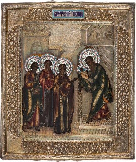 Russian icon of the Presentation of Christ in a silver and enamel oklad