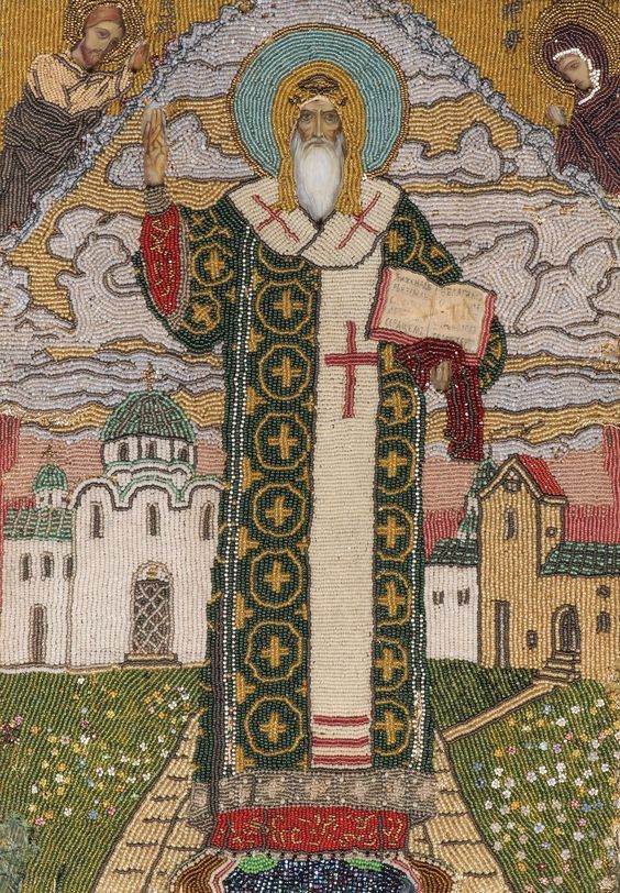 Icon of St. Alexis of Moscow covered in embroidery and beading, c. 1905