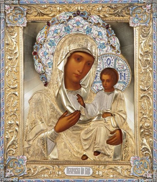 Icon of the Iver Mother of God covered by a silver-gilt repousse and enameled oklad, Moscow