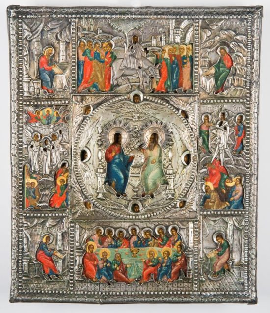 Икона «Троица Новозаветная» с Праздниками и Четырьмя Евангелистами