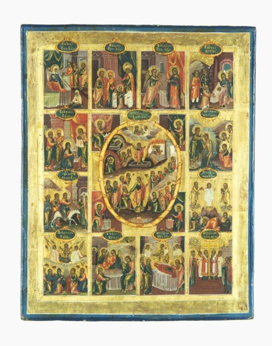 Икона «Воскресение Христово» с Праздниками в 12 Клеймах и Четырьмя Евангелистами