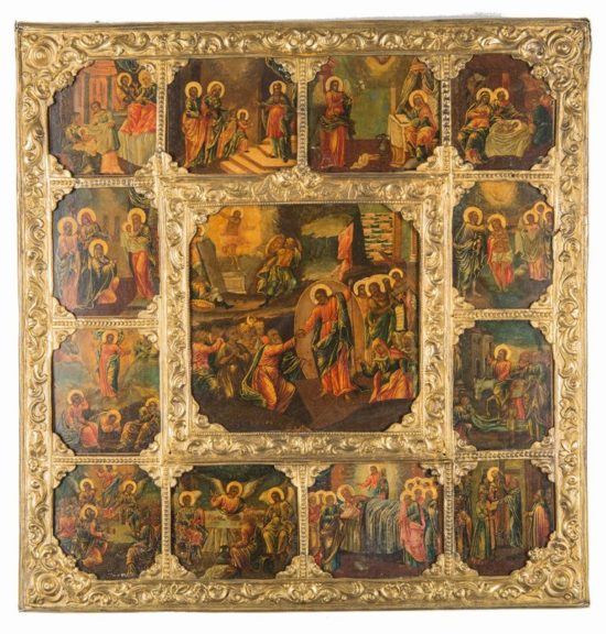 Antique Russian Icon of the Resurrection, with 12 Feast Scenes