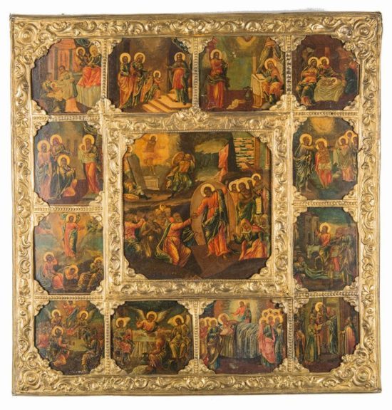 Старинная Русская Икона Воскресения с 12 Праздниками